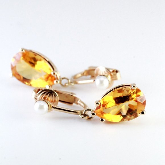 14K Gold Vintage Citrine Pearl Retro Clip Earrings - Picture 8 of 8